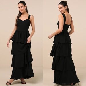 Lulus Carlynda Black Tiered Bustier Maxi Dress L Wedding Party Feminine NWT